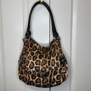 Gia Milani Leopard Print Slouchy Shoulder Bag Purse Black Tan Cream and Coin Bag